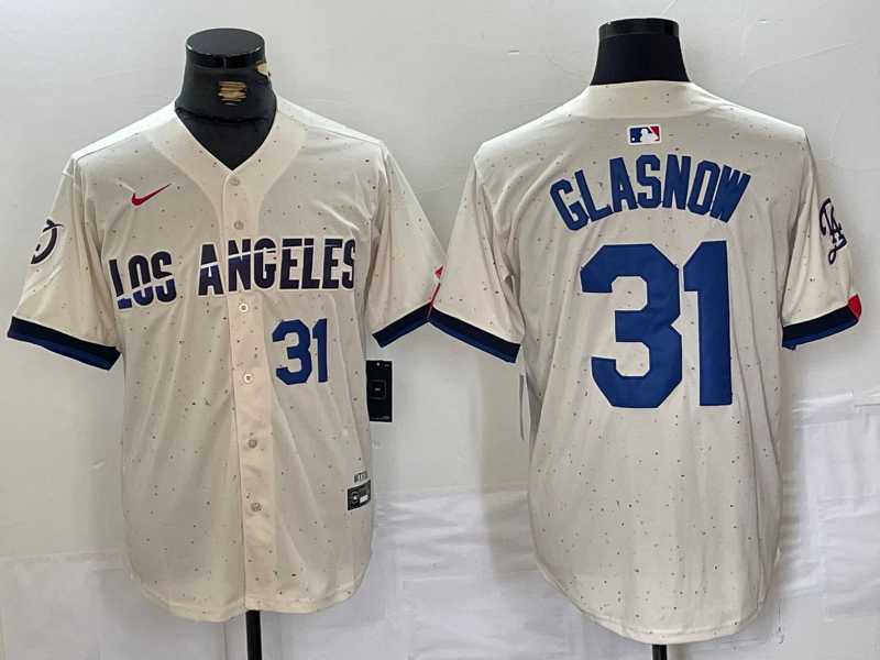 Mens Los Angeles Dodgers #31 Tyler Glasnow Number Cream Blue 2024 City Connect Limited Stitched Jerseys
